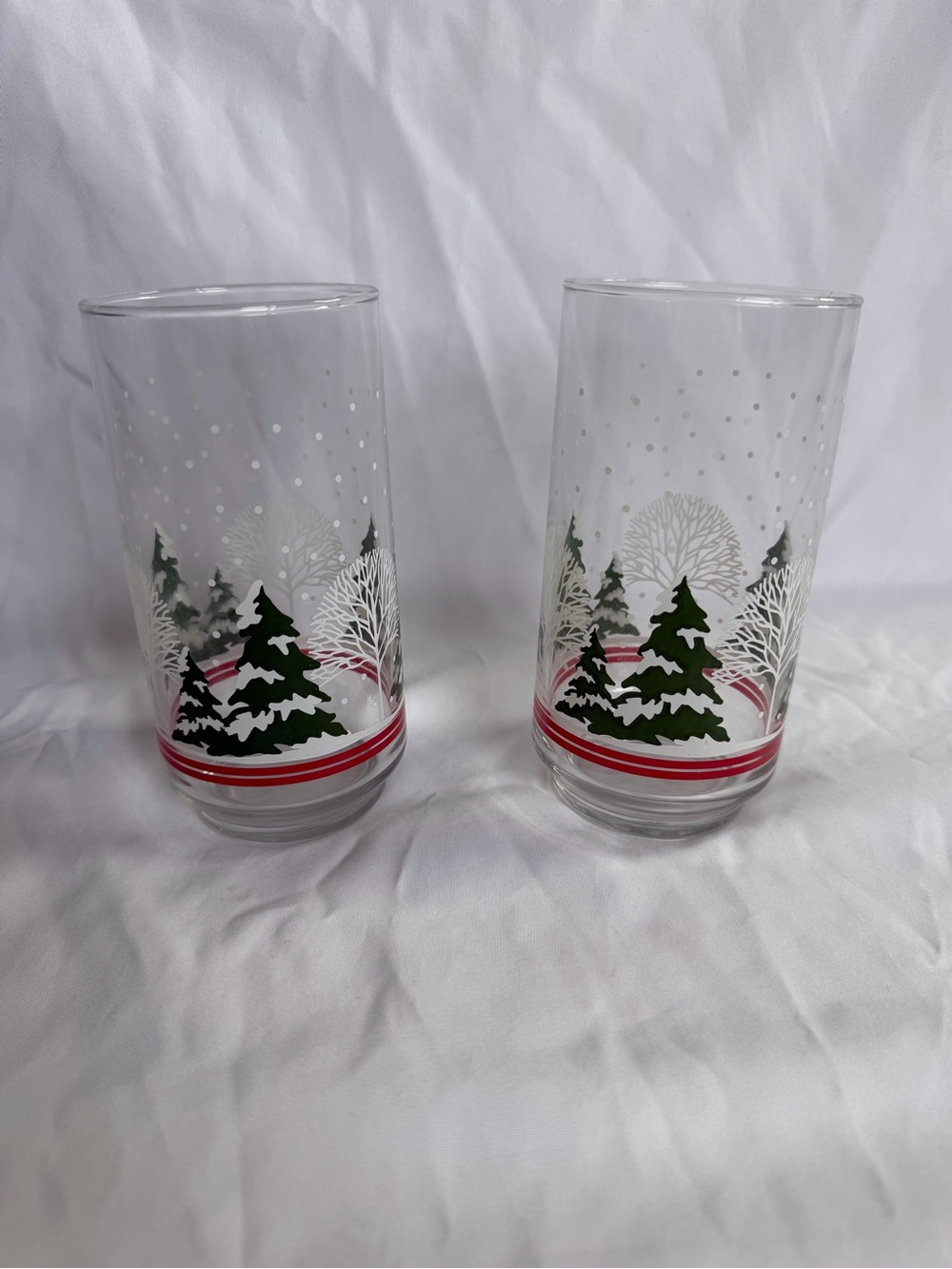 Vintage Christmas Glasses Snowy Pine Trees White Winter Tumbler Holiday Set of 2